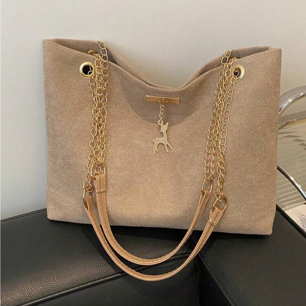 ⚠️Clearance Chain Shoulder Elegant Beige Tote Bag with Gold Chain Straps - Picture 1 of 7